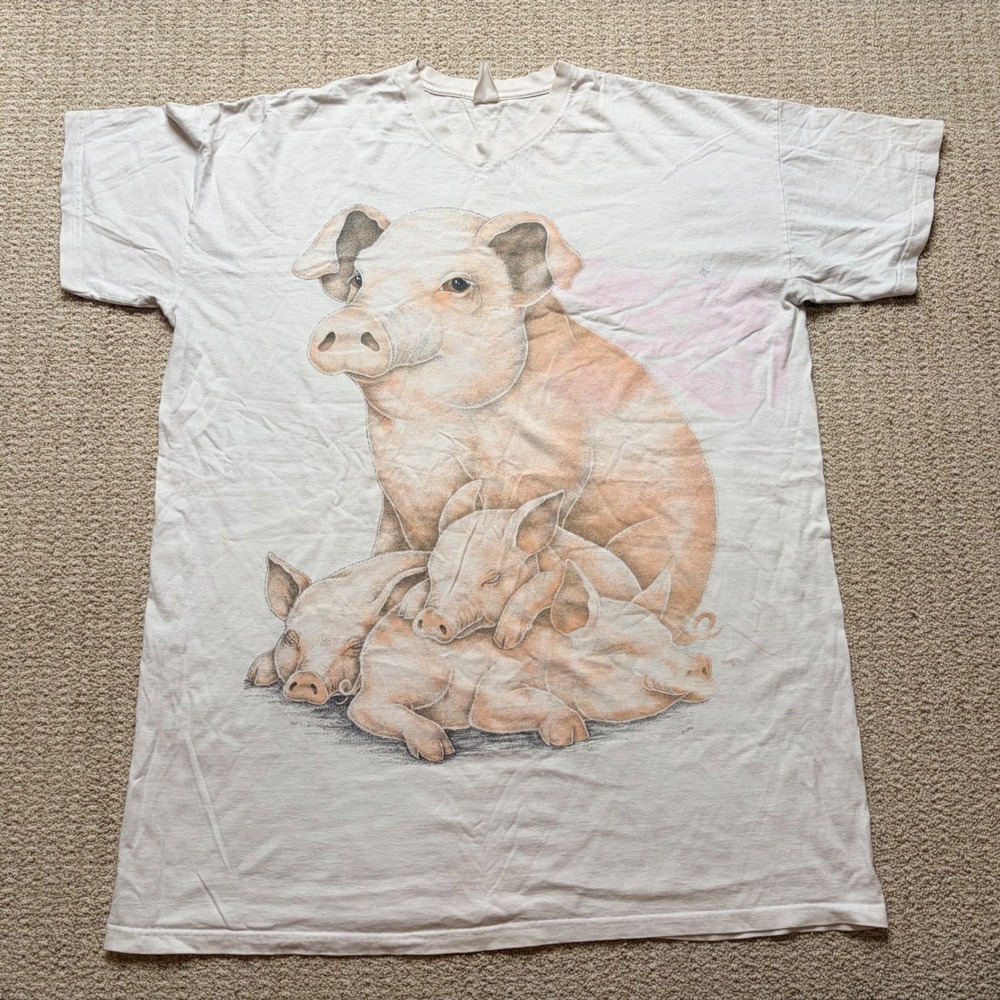 Vintage 90s XL Pig and Piglets Graphic Single Stitch White‎ Distressed